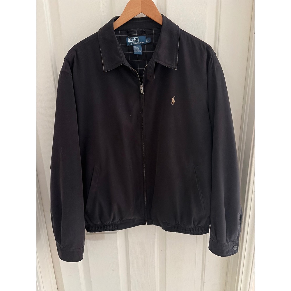 Polo Ralph Lauren Mens Black Harrington Jacket L Windowpane Lining Windbreaker